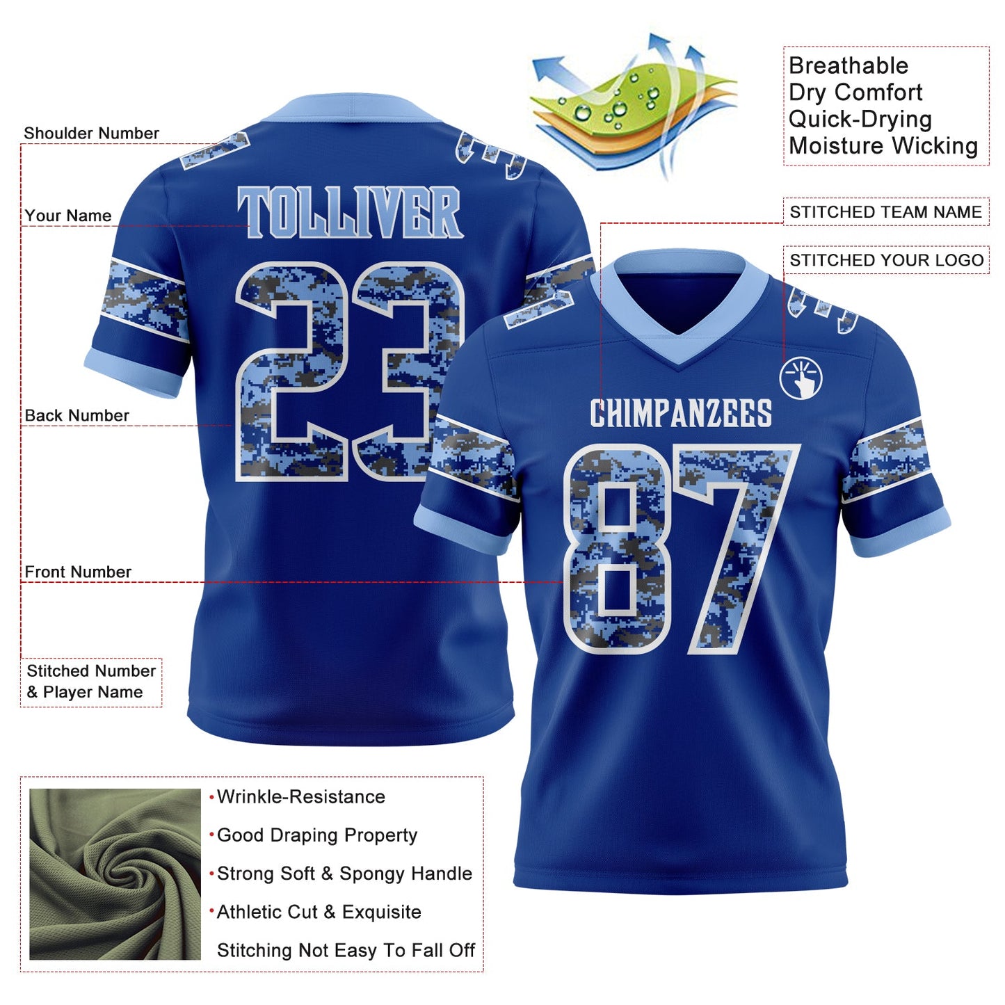 Custom Royal Camo White-Light Blue Authentic Digital Camouflage Panel Football Jersey view 3