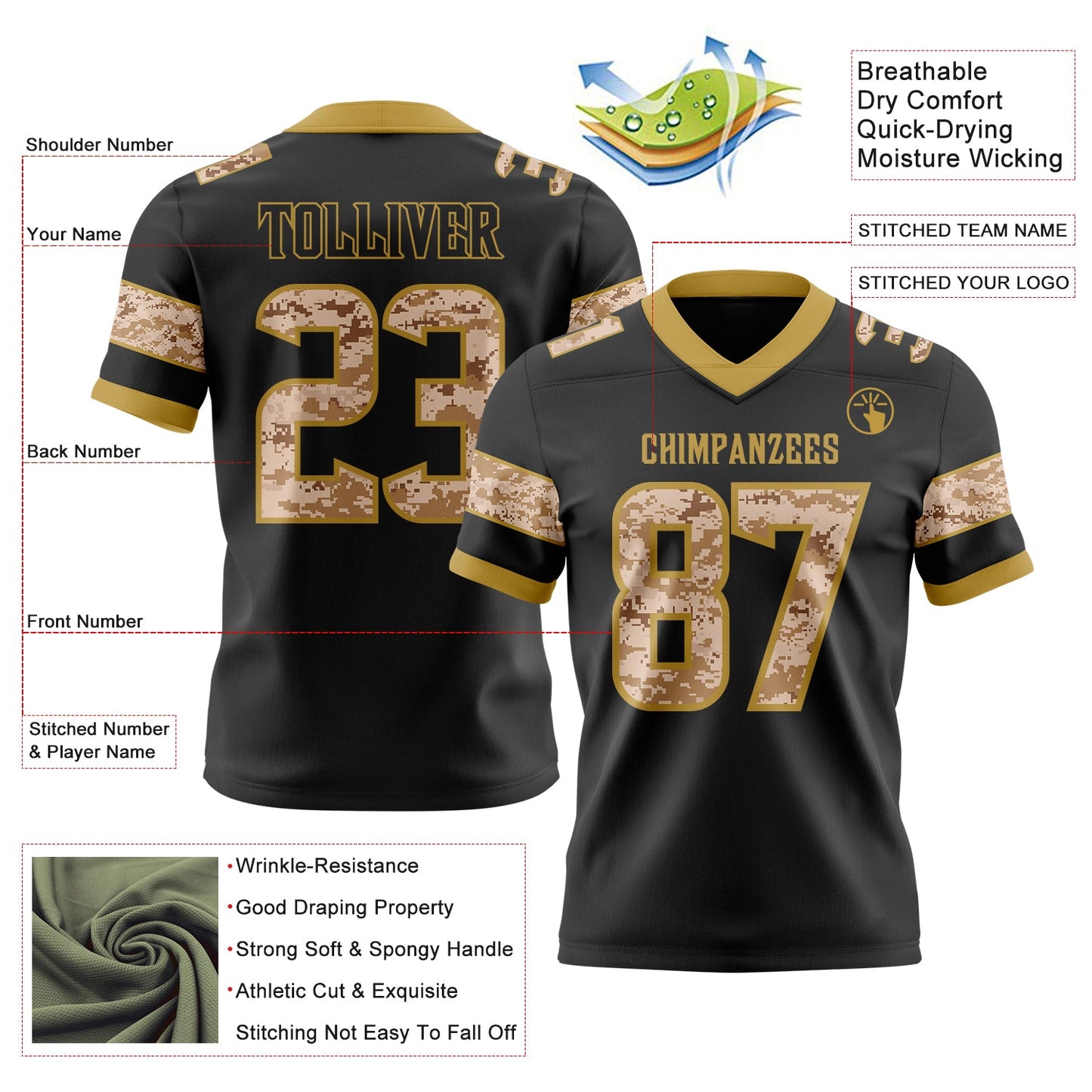 Custom Black Camo-Old Gold Authentic Digital Camouflage Panel Football Jersey view 3
