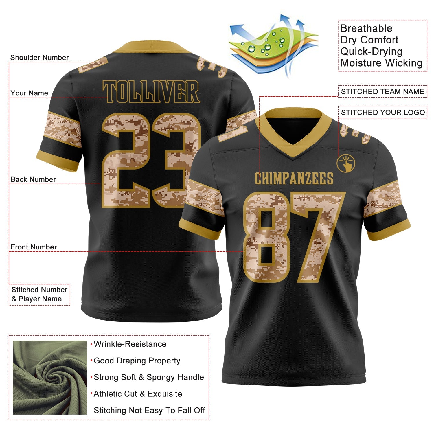 Custom Black Camo-Old Gold Authentic Digital Camouflage Panel Football Jersey view 3