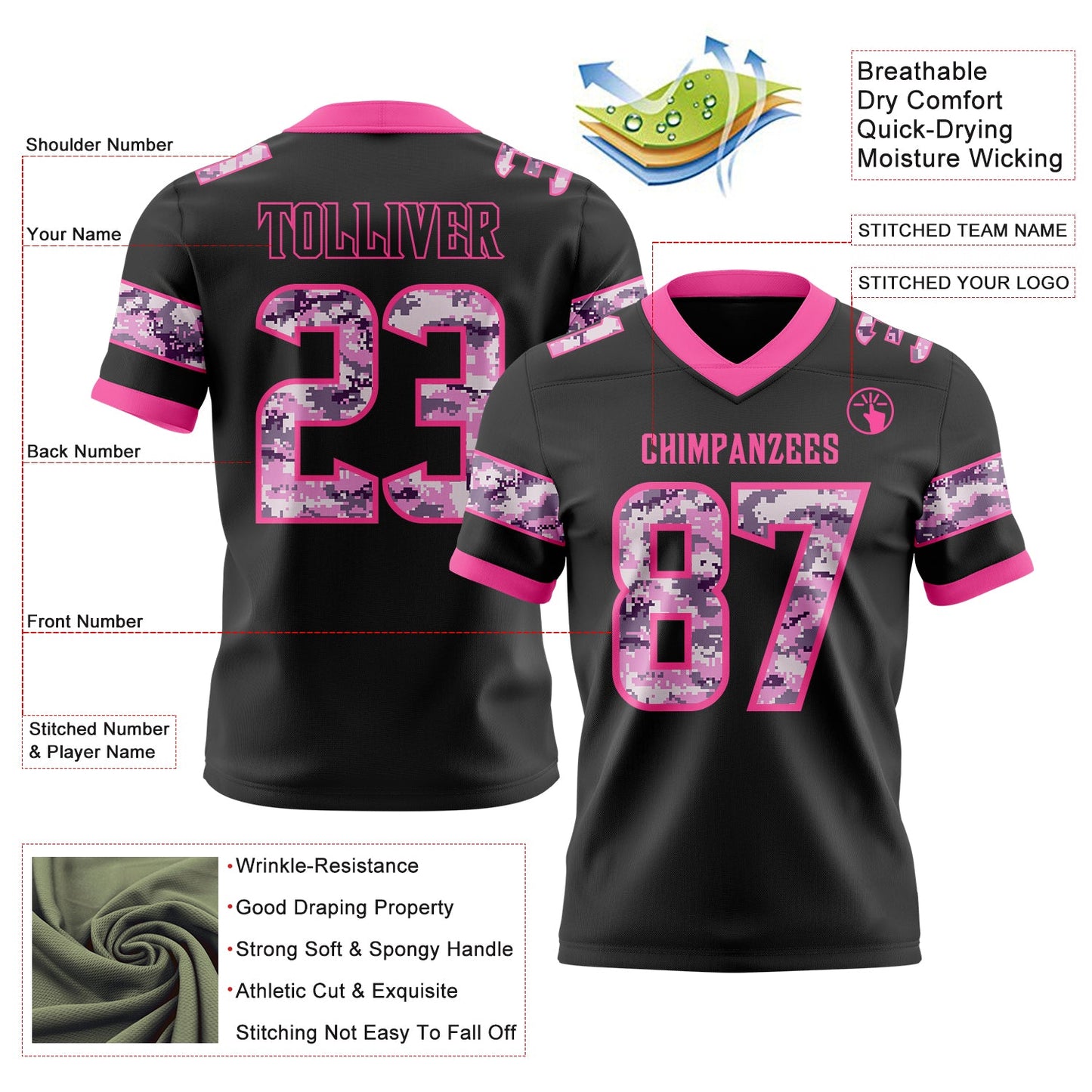 Custom Black Camo-Pink Authentic Digital Camouflage Panel Football Jersey view 3