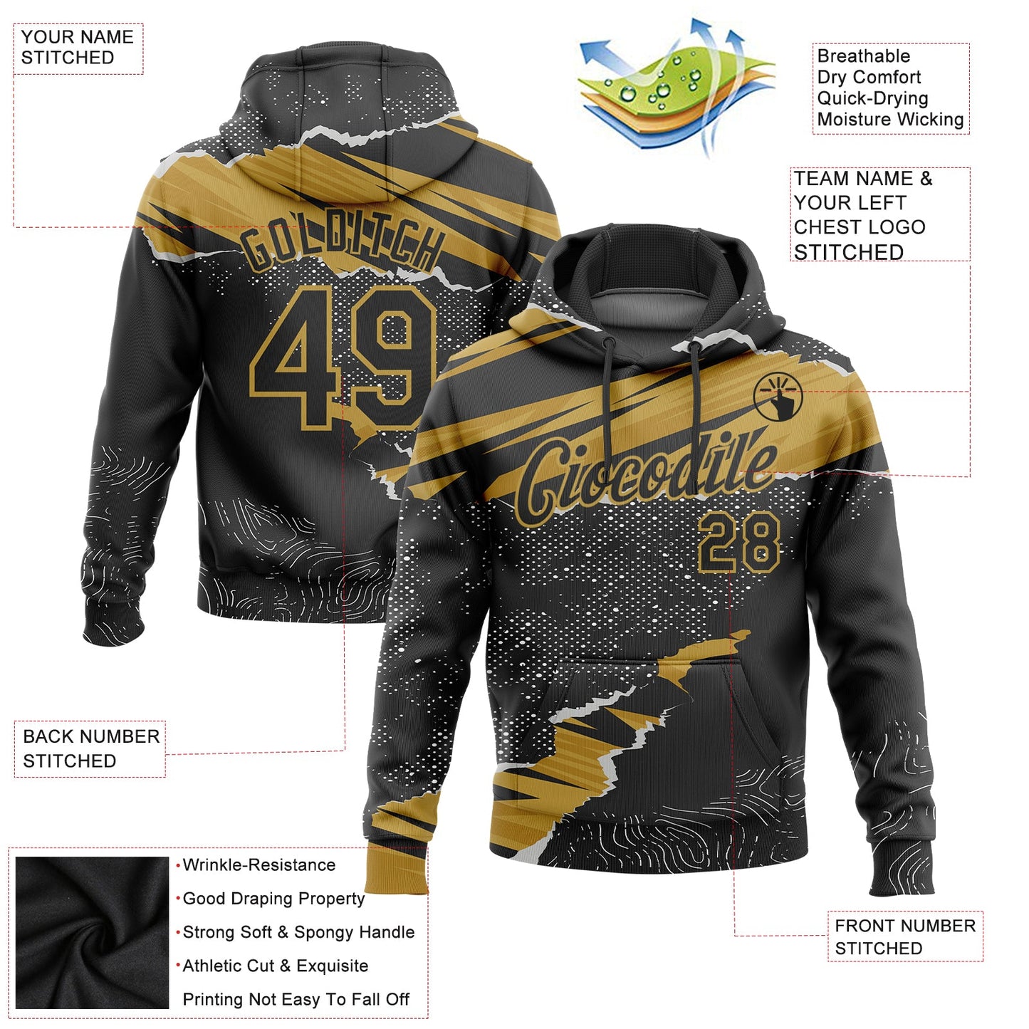 Custom Stitched Black Old Gold 3D Pattern Design Torn Paper Style Sports Pullover Sweatshirt Hoodie view 2