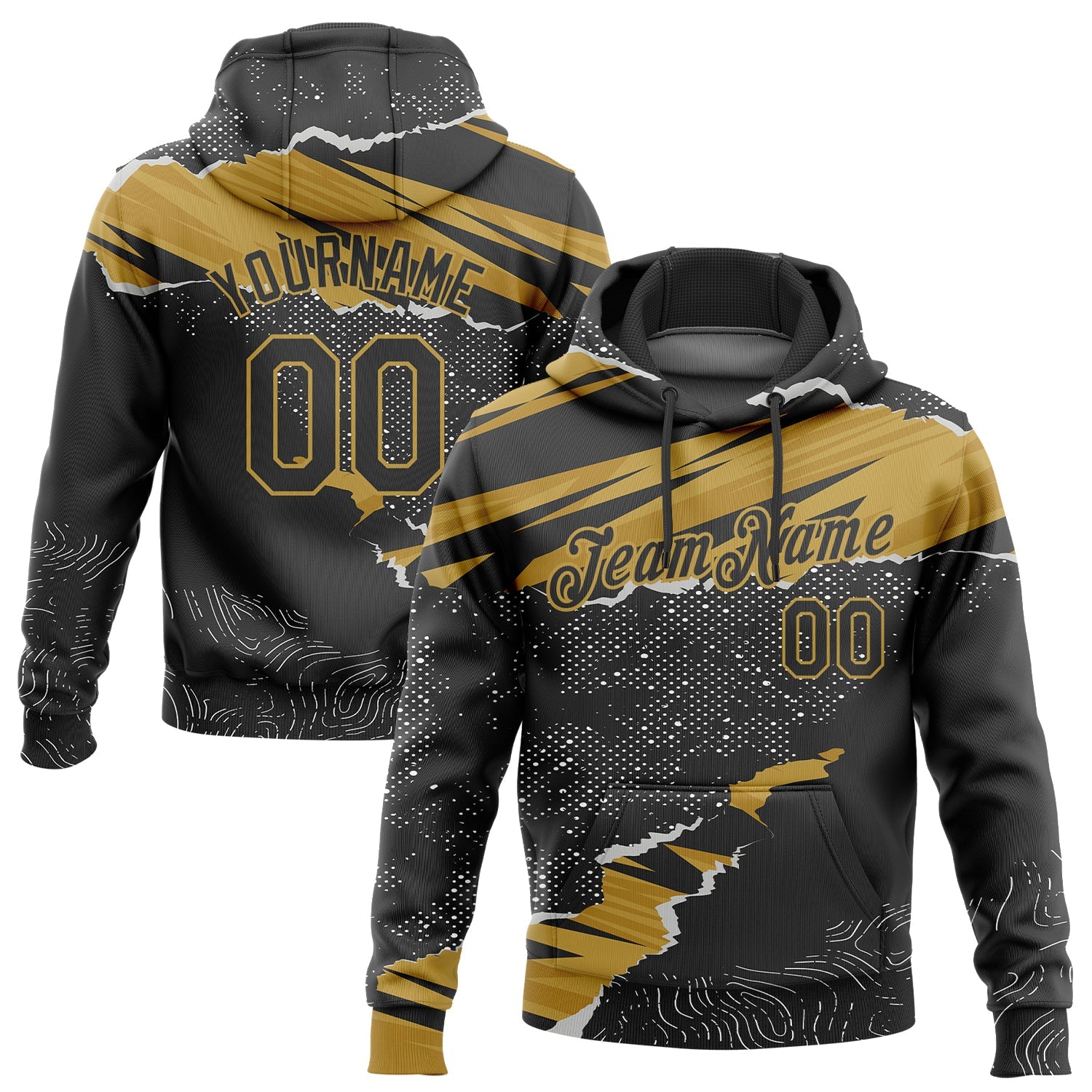 Custom Stitched Black Old Gold 3D Pattern Design Torn Paper Style Sports Pullover Sweatshirt Hoodie - Main View