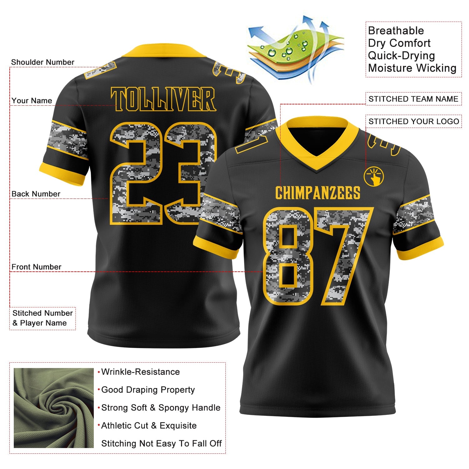 Custom Black Camo-Yellow Authentic Digital Camouflage Panel Football Jersey view 3