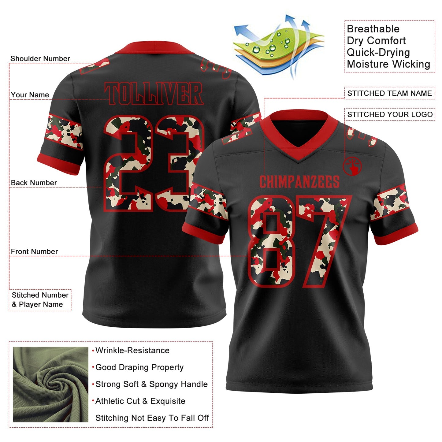 Custom Black Camo-Red Authentic Digital Camouflage Panel Football Jersey view 3