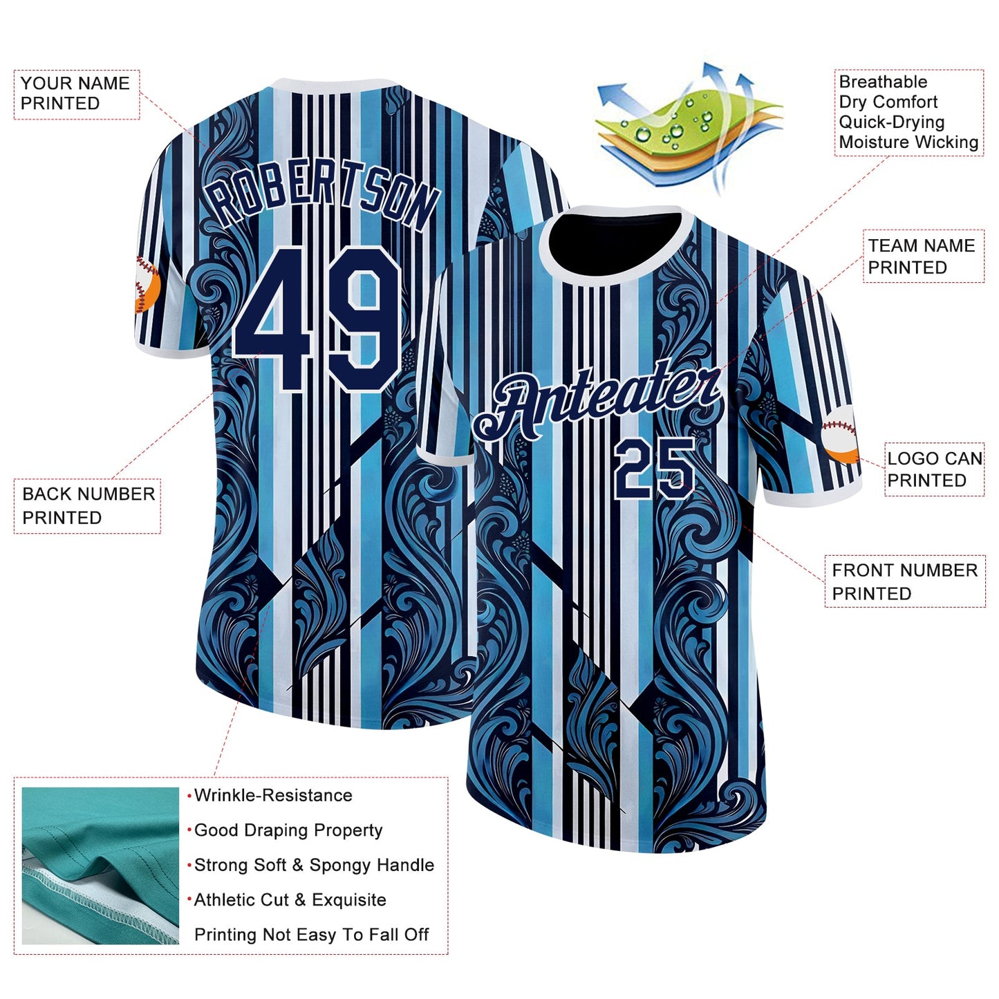 Custom Navy Sky Blue-White Argentina Stripe Performance T-Shirt view 2
