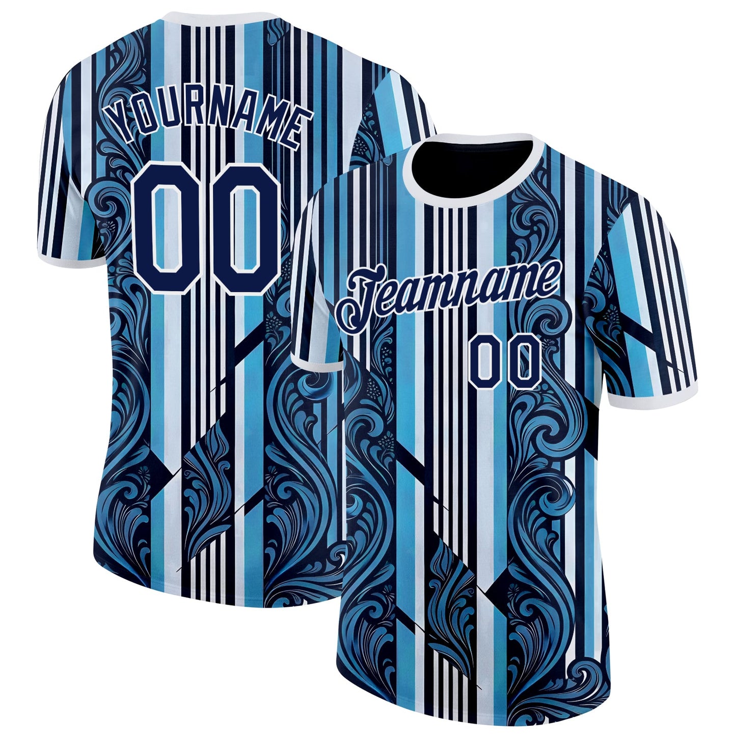 Custom Navy Sky Blue-White Argentina Stripe Performance T-Shirt - Main View