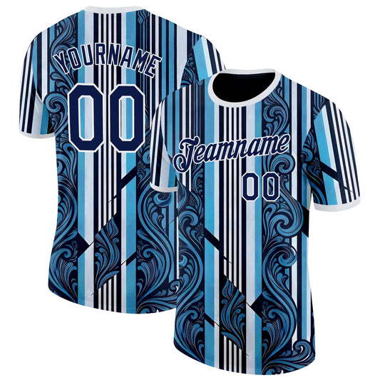 Custom Navy Sky Blue-White Argentina Stripe Performance T-Shirt - Main View