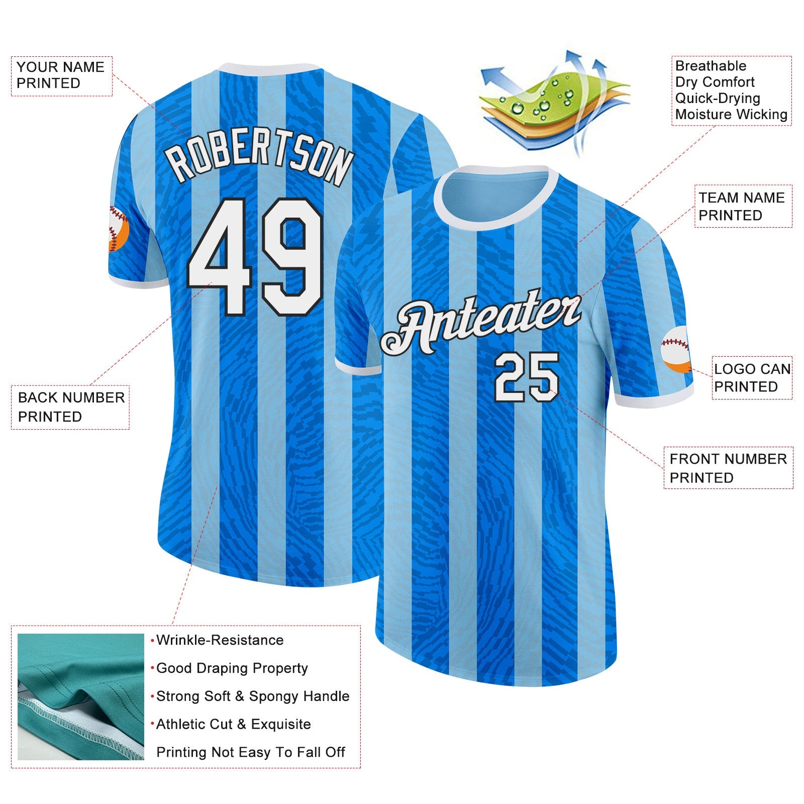 Custom Sky Blue White-Black Argentina Stripe Performance T-Shirt view 2