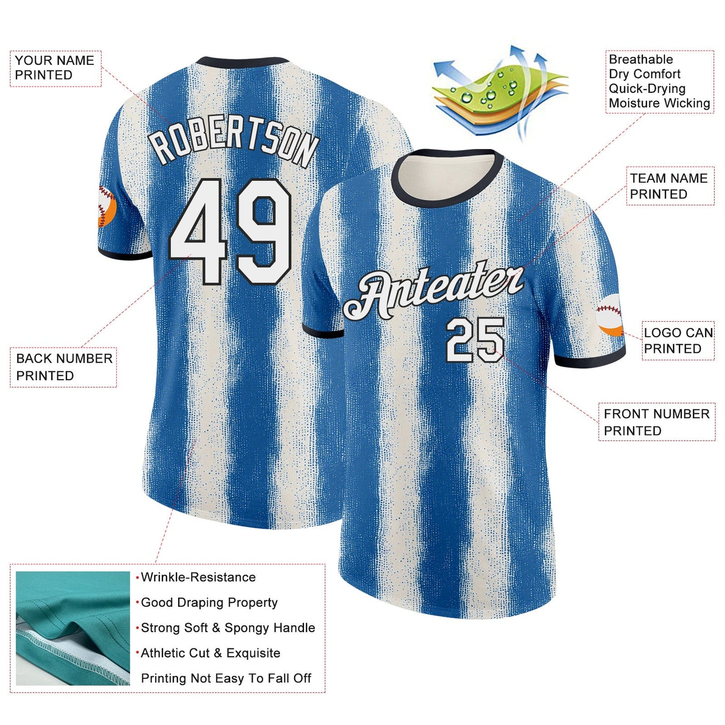 Custom Sky Blue White-Black Argentina Splatter Stripe Performance T-Shirt view 2
