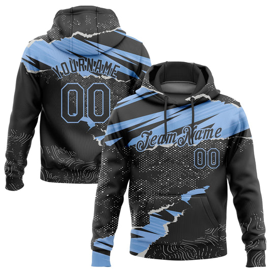 Custom Stitched Black Light Blue 3D Pattern Design Torn Paper Style Sports Pullover Sweatshirt Hoodie - Main View