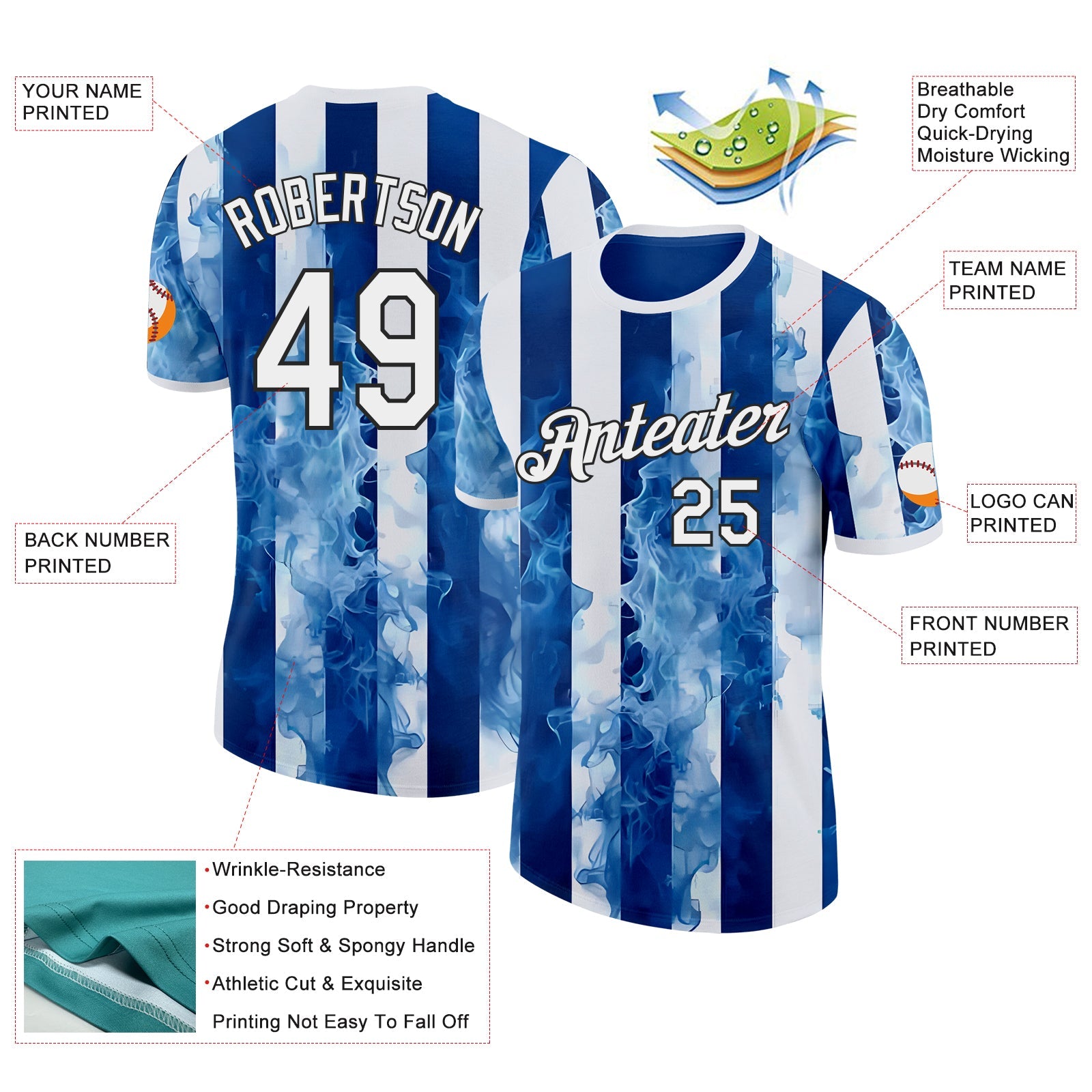 Custom Sky Blue White-Black Argentina Flame Stripe Performance T-Shirt view 2