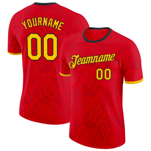 Custom Red Yellow-Black Belgium Flame Performance T-Shirt - Main View