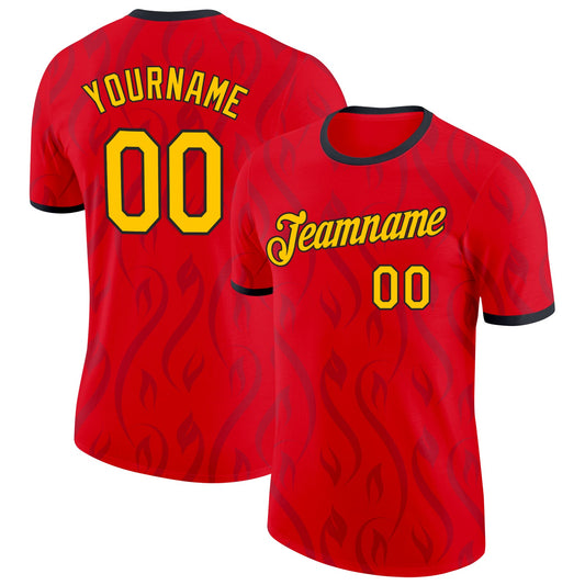 Custom Red Yellow-Black Belgium Abstract Flame Performance T-Shirt - Main View
