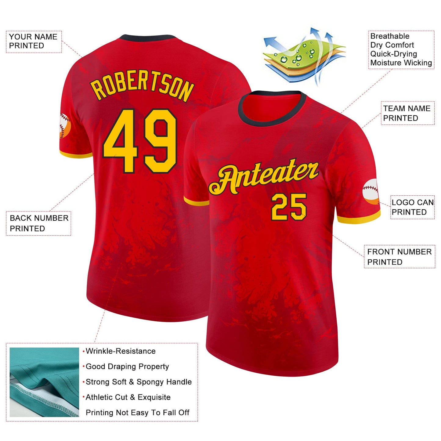 Custom Red Yellow-Black Belgium Ink Splatter Performance T-Shirt view 2