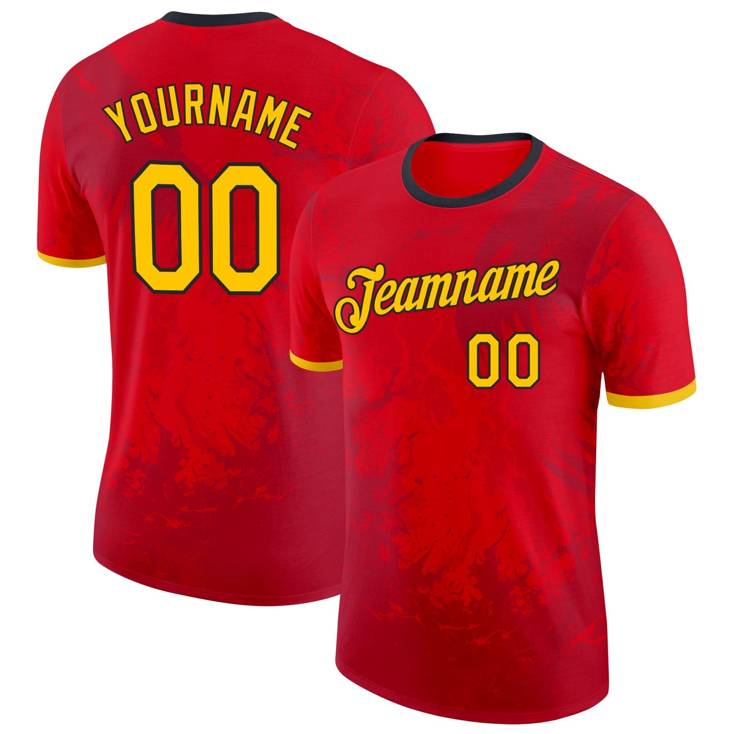 Custom Red Yellow-Black Belgium Ink Splatter Performance T-Shirt - Main View