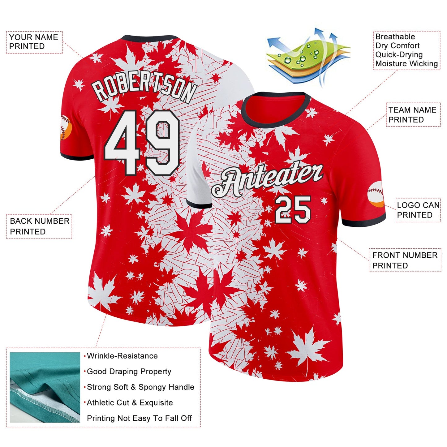 Custom Red White-Black Canada Maple Leaf Performance T-Shirt view 2