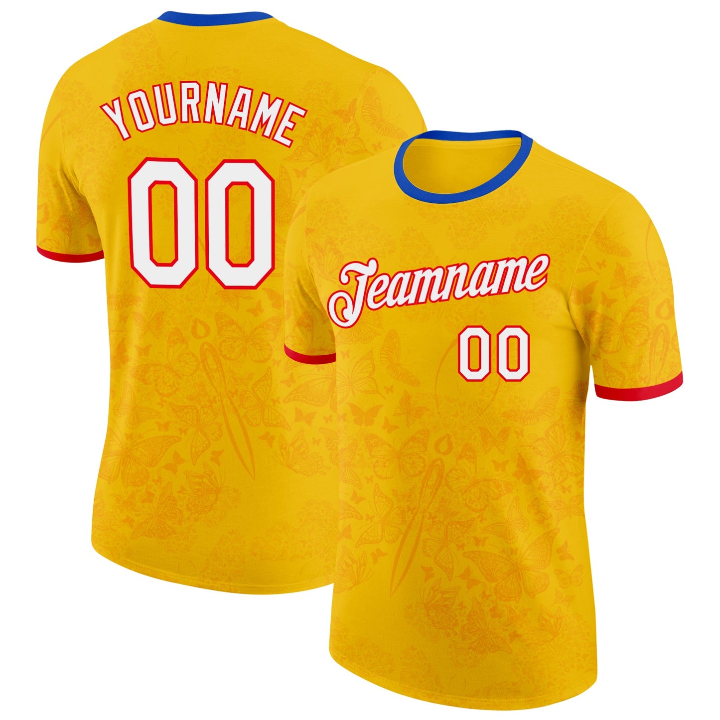 Custom Yellow White Fire Red-Thunder Blue Colombia Butterfly Performance T-Shirt - Main View