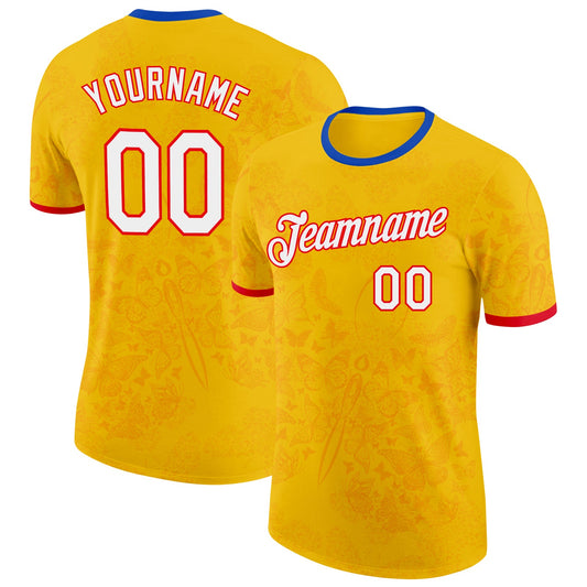 Custom Yellow White Fire Red-Thunder Blue Colombia Butterfly Performance T-Shirt - Main View