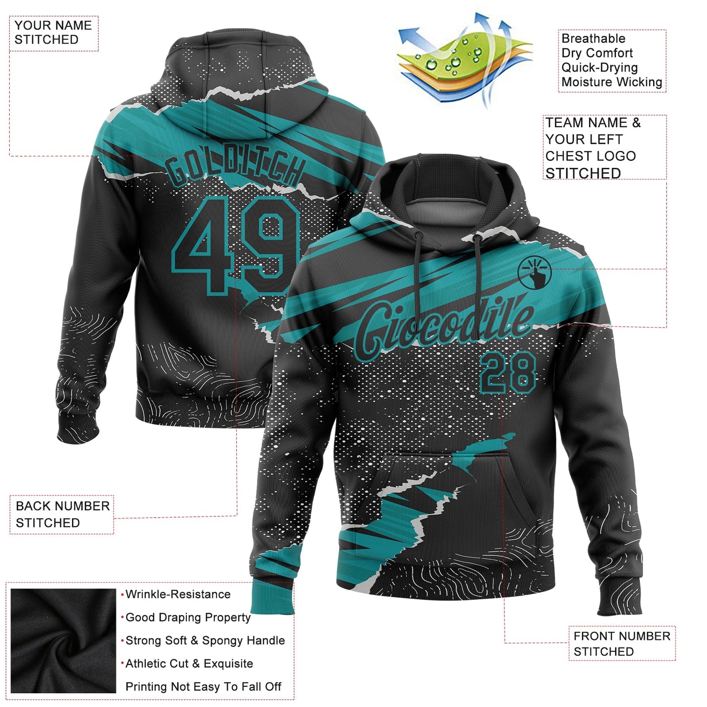Custom Stitched Black Teal 3D Pattern Design Torn Paper Style Sports Pullover Sweatshirt Hoodie view 2