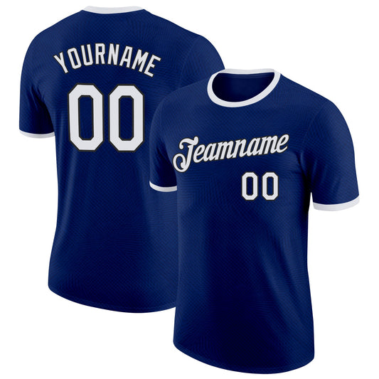 Custom Navy White-Black France Geometric Performance T-Shirt - Main View