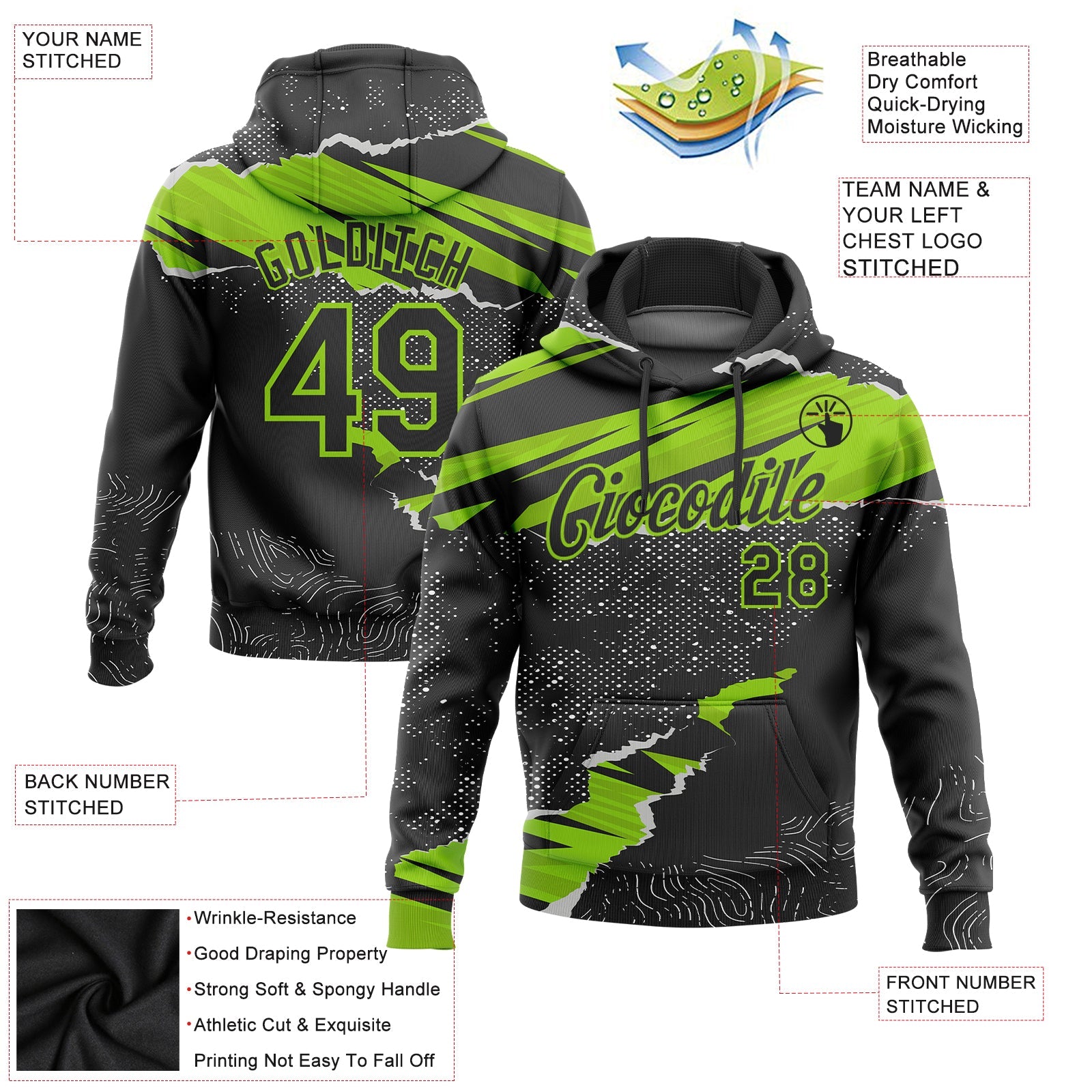 Custom Stitched Black Neon Green 3D Pattern Design Torn Paper Style Sports Pullover Sweatshirt Hoodie view 2