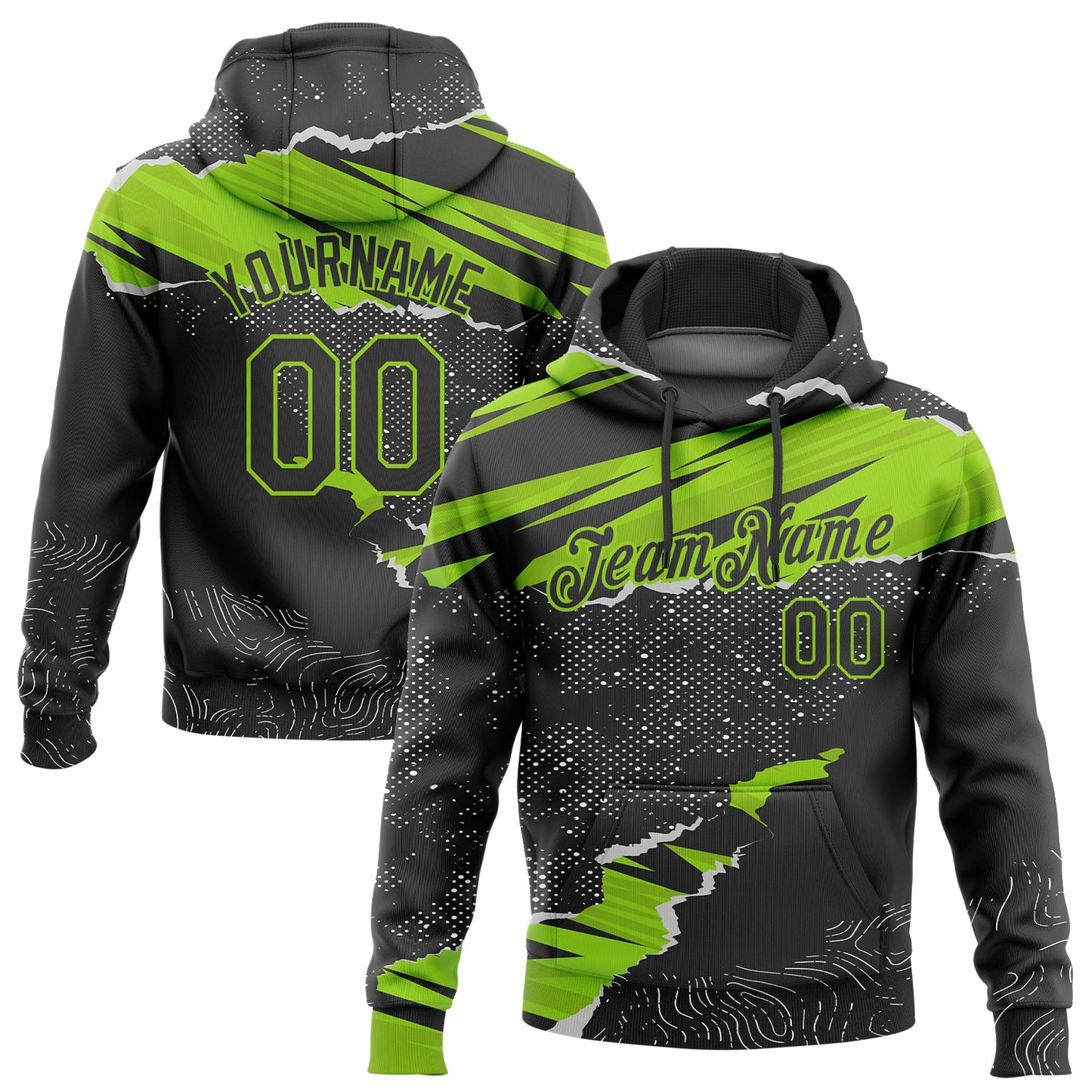 Custom Stitched Black Neon Green 3D Pattern Design Torn Paper Style Sports Pullover Sweatshirt Hoodie - Main View