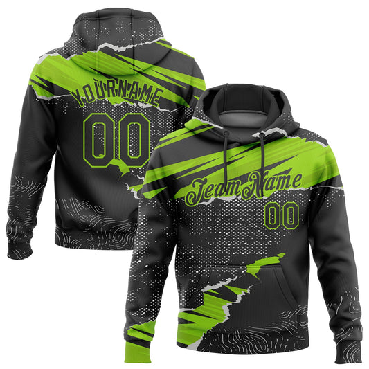 Custom Stitched Black Neon Green 3D Pattern Design Torn Paper Style Sports Pullover Sweatshirt Hoodie - Main View