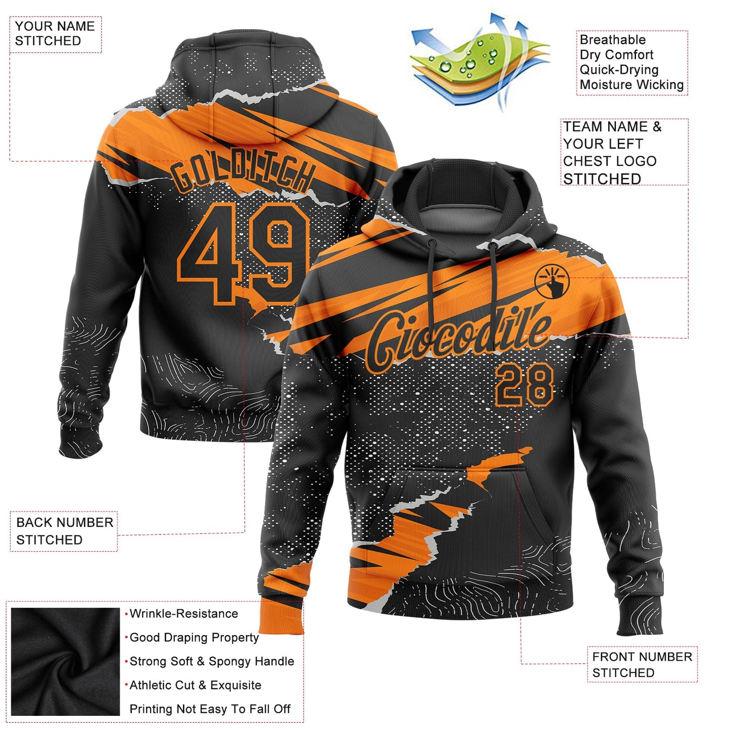 Custom Stitched Black Bay Orange 3D Pattern Design Torn Paper Style Sports Pullover Sweatshirt Hoodie view 2
