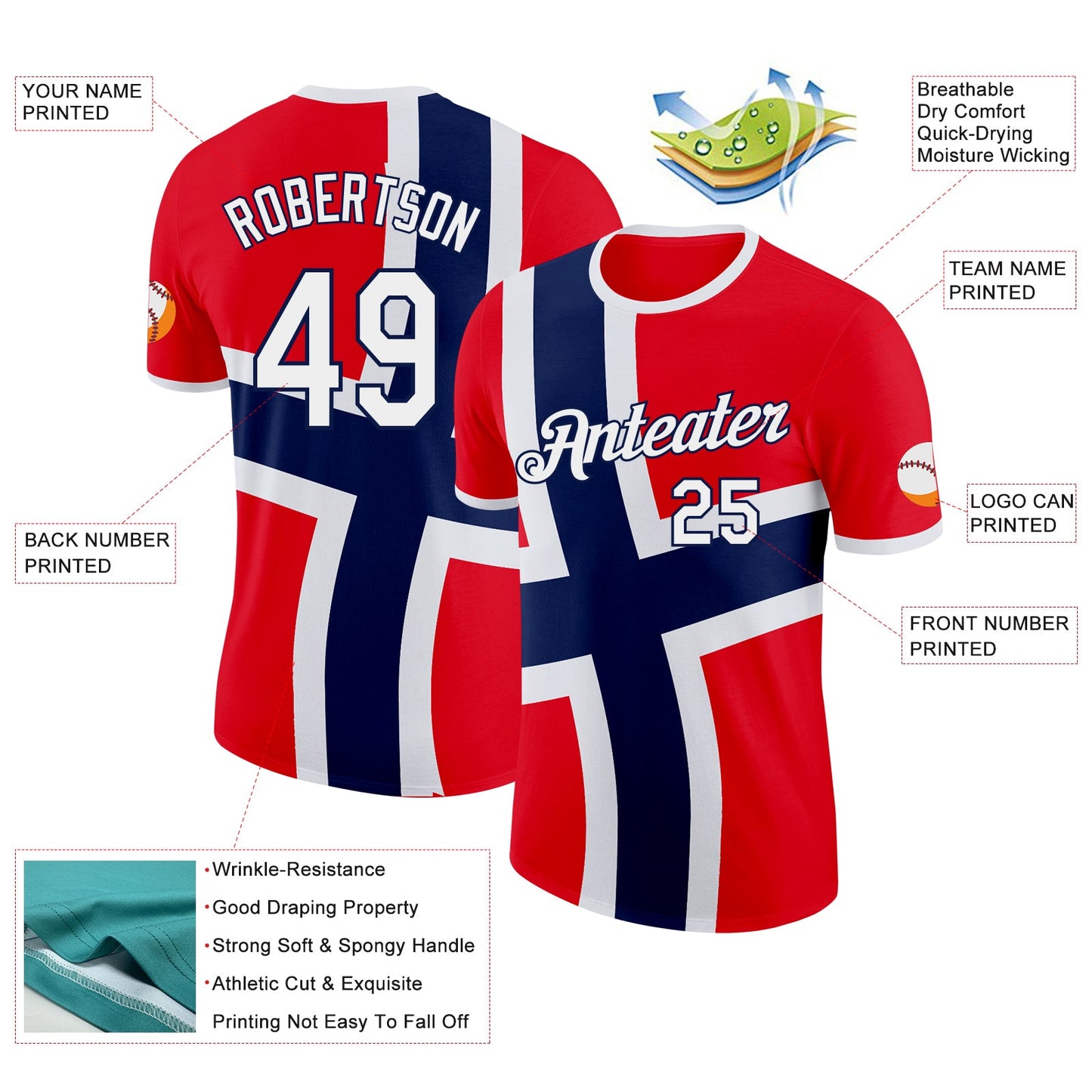 Custom Red White-Navy Norway Flag Performance T-Shirt view 2