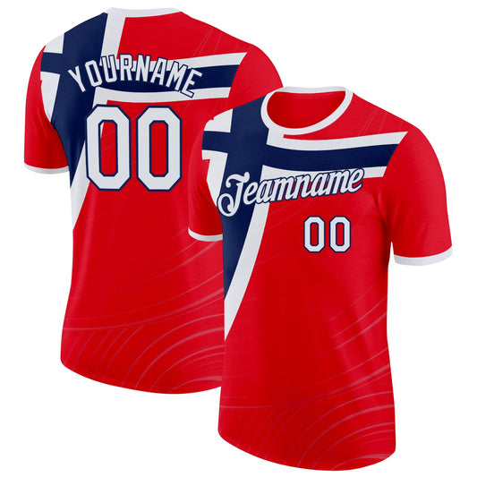 Custom Red White-Navy Norway Flag Performance T-Shirt - Main View