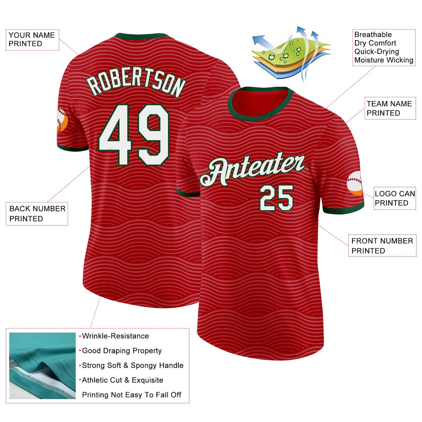 Custom Red White-Green Portugal Wave Performance T-Shirt view 2