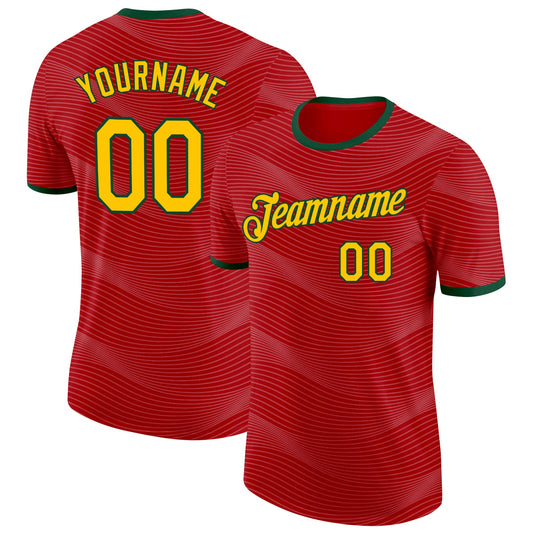 Custom Red Yellow-Green Portugal Wave Performance T-Shirt - Main View