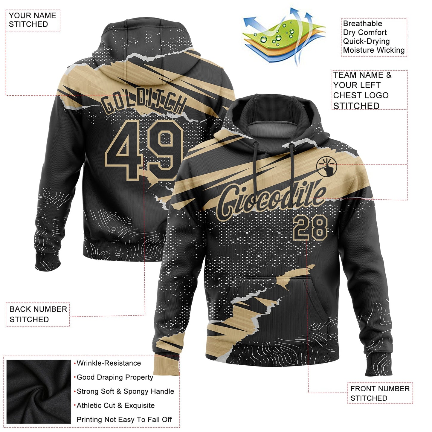 Custom Stitched Black Vegas Gold 3D Pattern Design Torn Paper Style Sports Pullover Sweatshirt Hoodie view 2