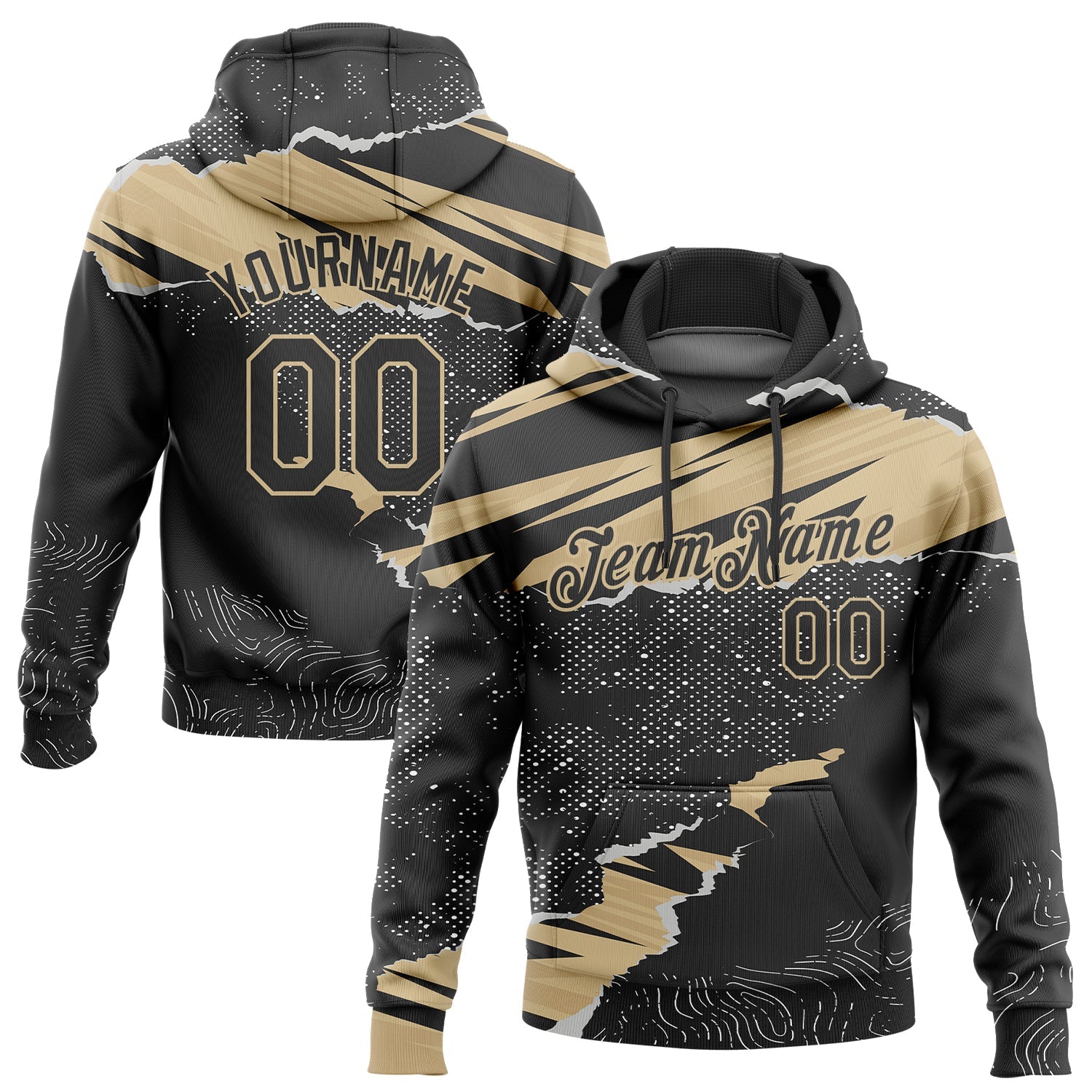 Custom Stitched Black Vegas Gold 3D Pattern Design Torn Paper Style Sports Pullover Sweatshirt Hoodie - Main View