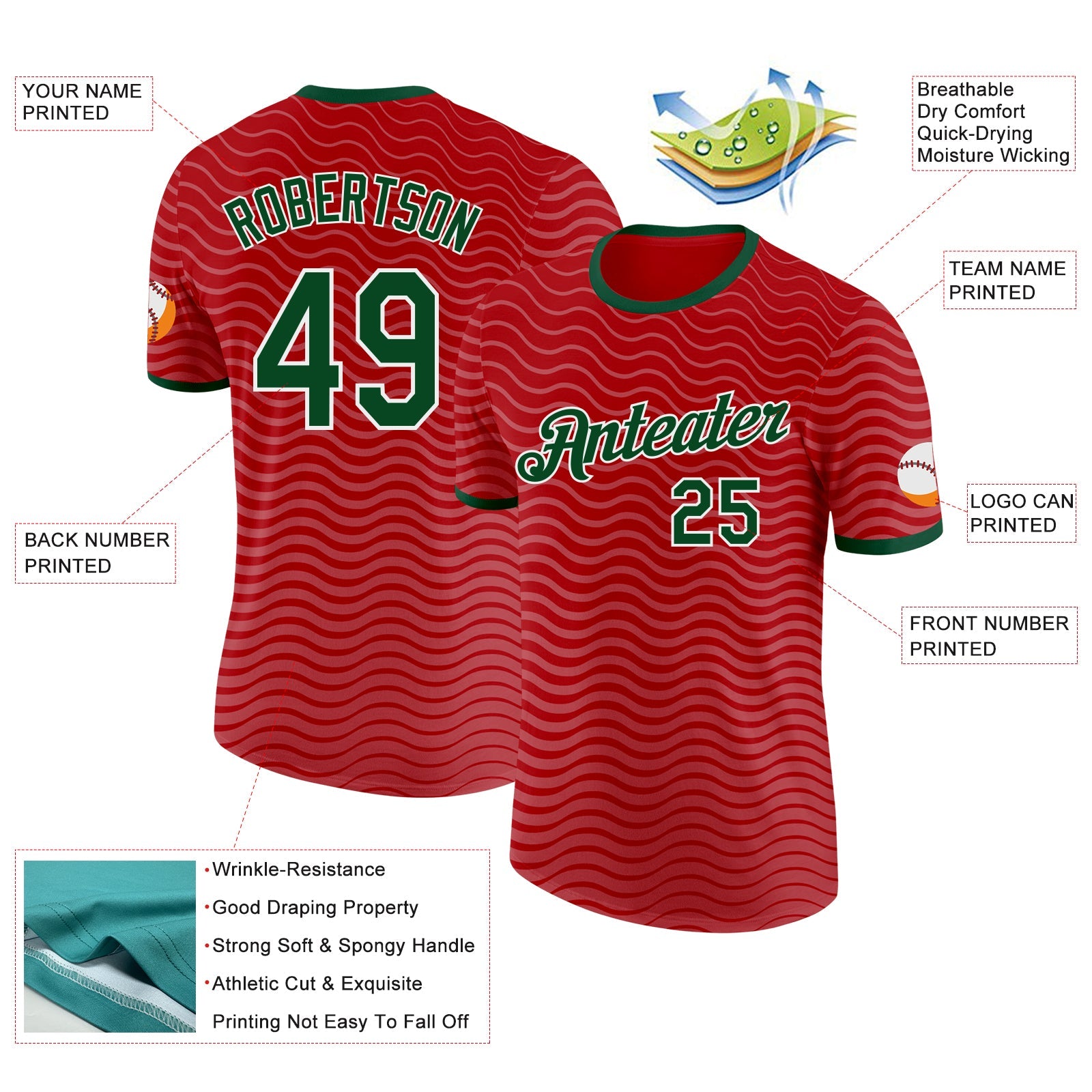 Custom Red Green-White Portugal Wave Performance T-Shirt view 2