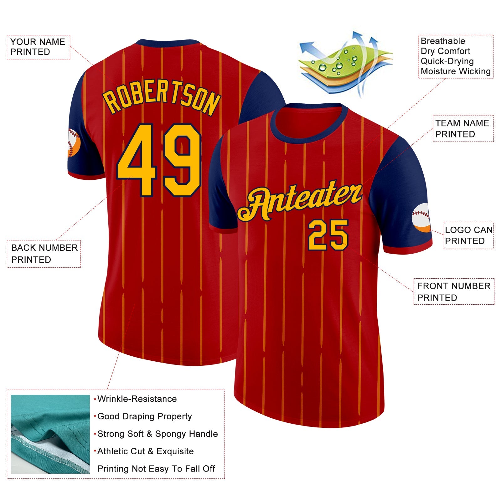 Custom Red Gold-Navy Spain Pinstripe Performance T-Shirt view 2