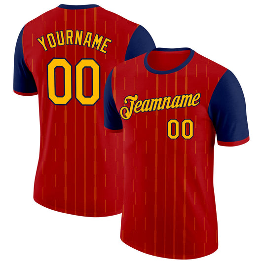 Custom Red Gold-Navy Spain Pinstripe Performance T-Shirt - Main View