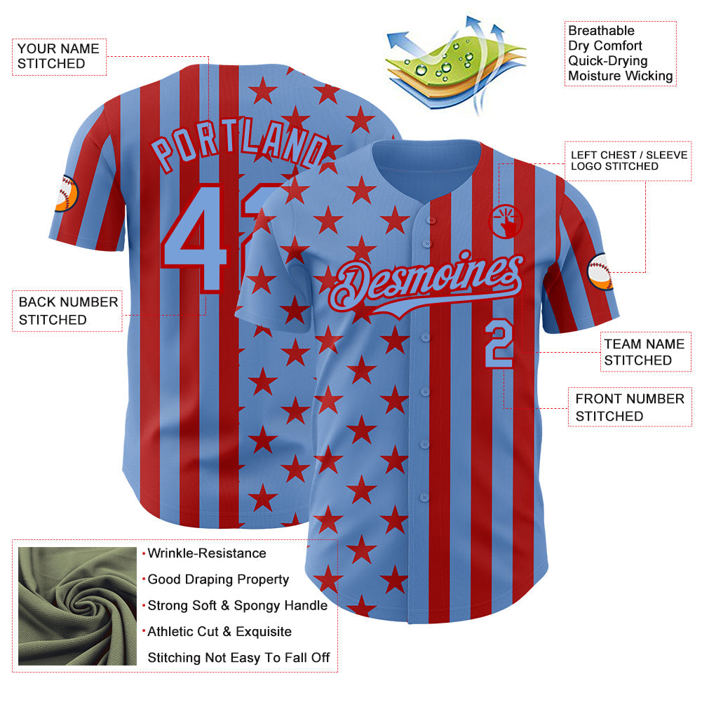 Custom Powder Blue-Red USA Flag Patriotic Split Stars and Stripes Authentic Baseball Jersey view 3