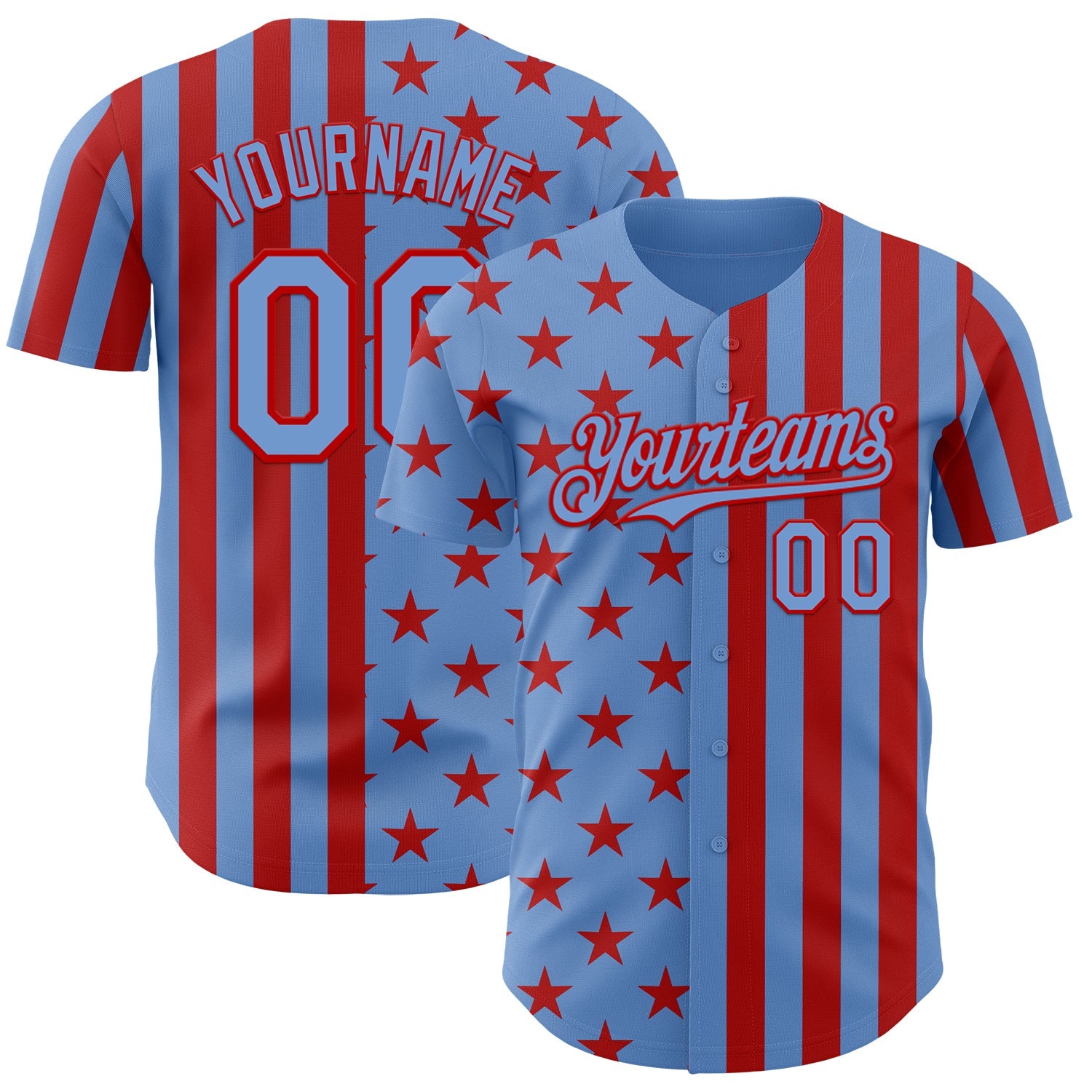 Custom Powder Blue-Red USA Flag Patriotic Split Stars and Stripes Authentic Baseball Jersey - Main View