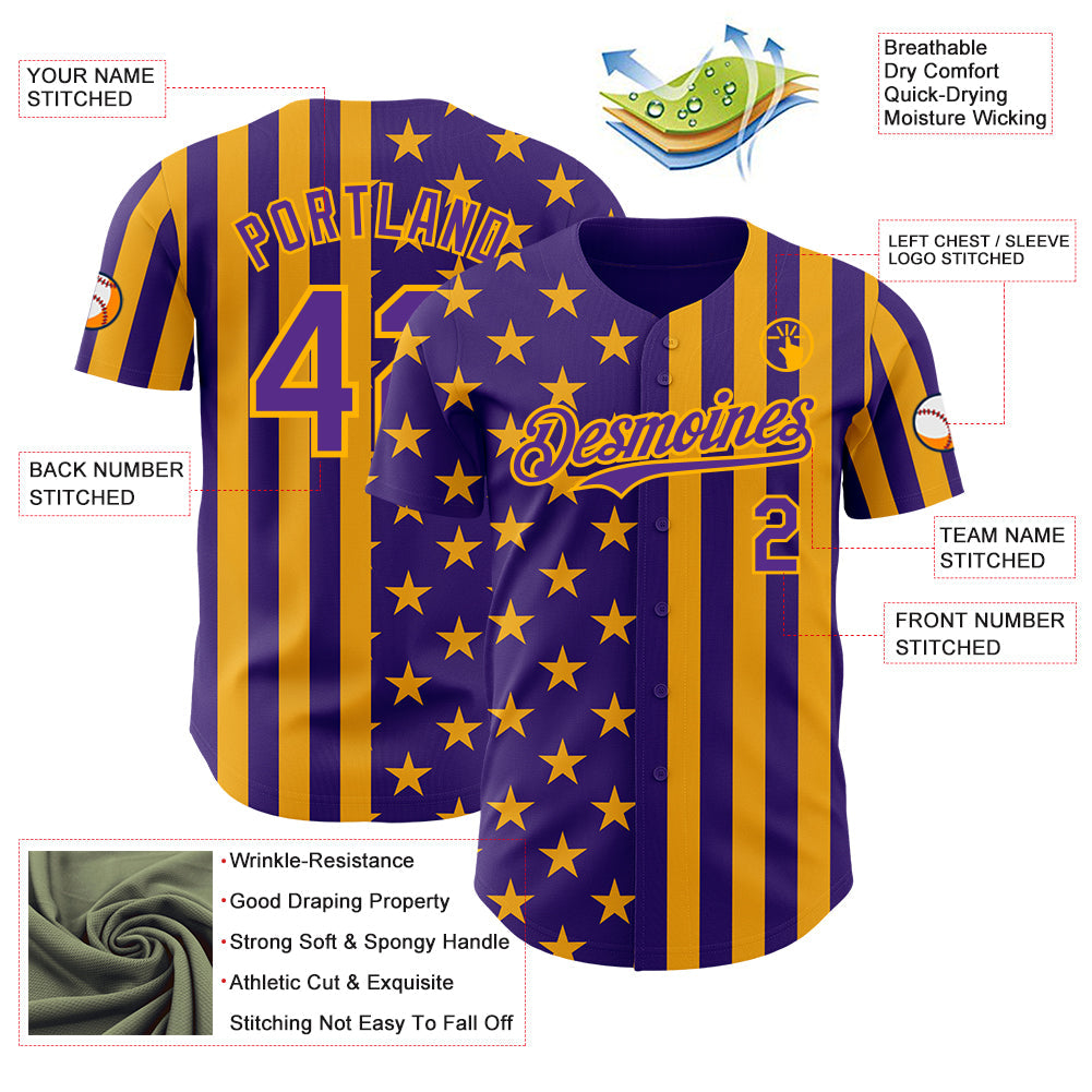 Custom Purple-Gold USA Flag Patriotic Split Stars and Stripes Authentic Baseball Jersey view 3