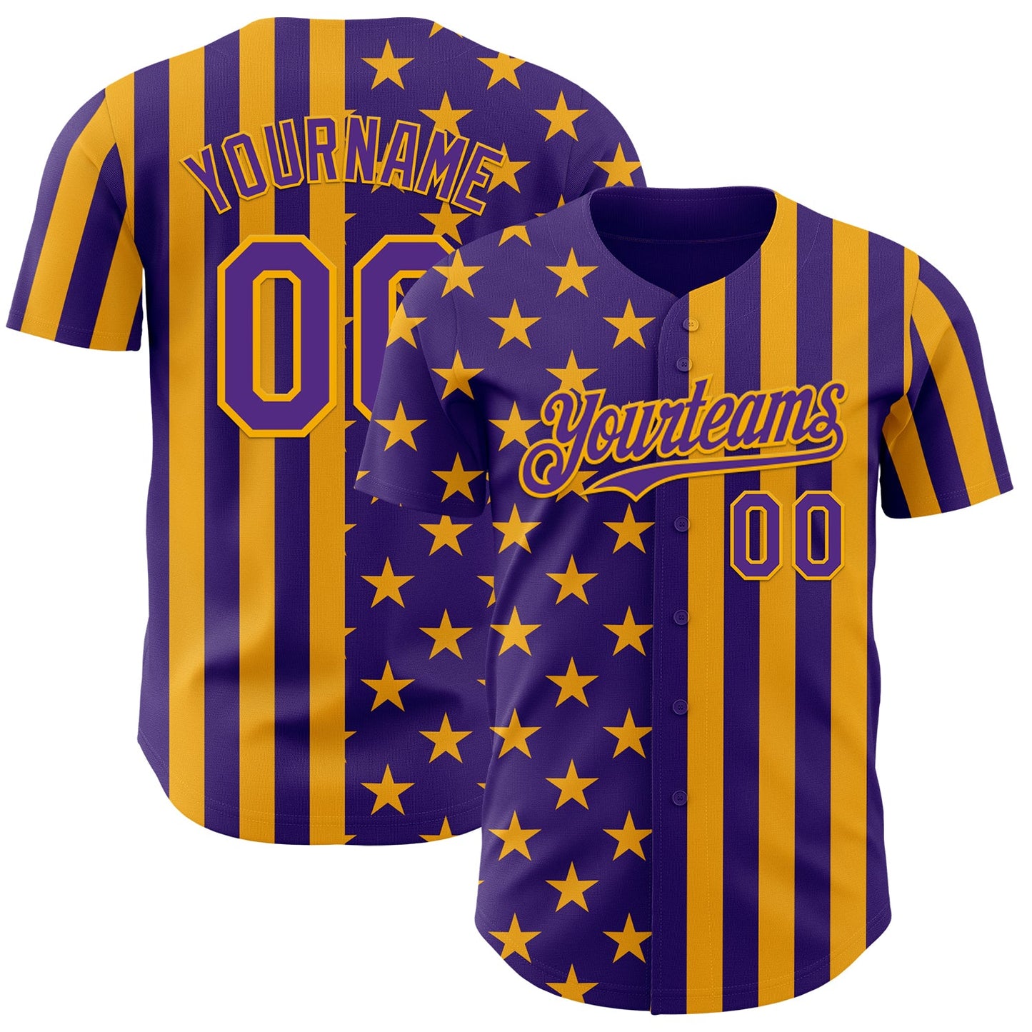 Custom Purple-Gold USA Flag Patriotic Split Stars and Stripes Authentic Baseball Jersey - Main View