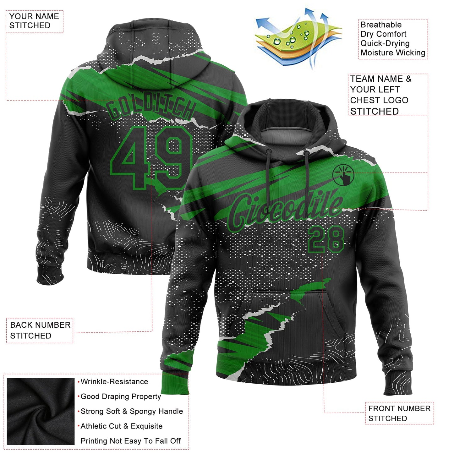 Custom Stitched Black Grass Green 3D Pattern Design Torn Paper Style Sports Pullover Sweatshirt Hoodie view 2