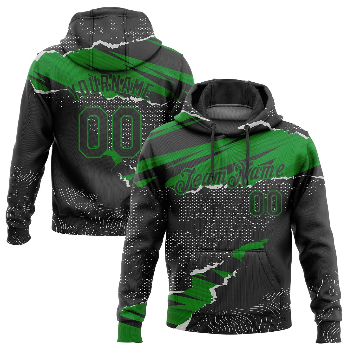 Custom Stitched Black Grass Green 3D Pattern Design Torn Paper Style Sports Pullover Sweatshirt Hoodie - Main View
