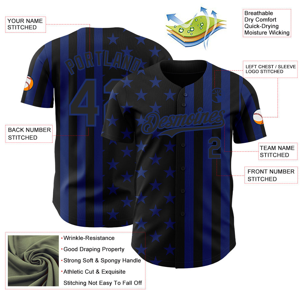Custom Black-Royal USA Flag Patriotic Split Stars and Stripes Authentic Baseball Jersey view 3