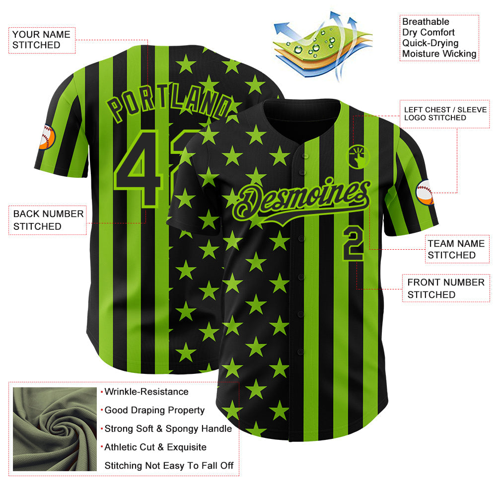 Custom Black-Neon Green USA Flag Patriotic Split Stars and Stripes Authentic Baseball Jersey view 3