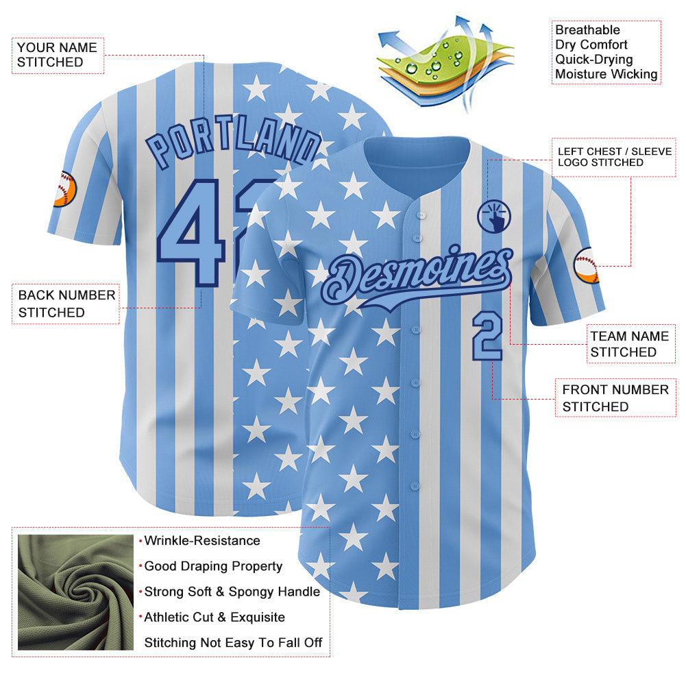 Custom Light Blue White-Royal USA Flag Patriotic Split Stars and Stripes Authentic Baseball Jersey view 3