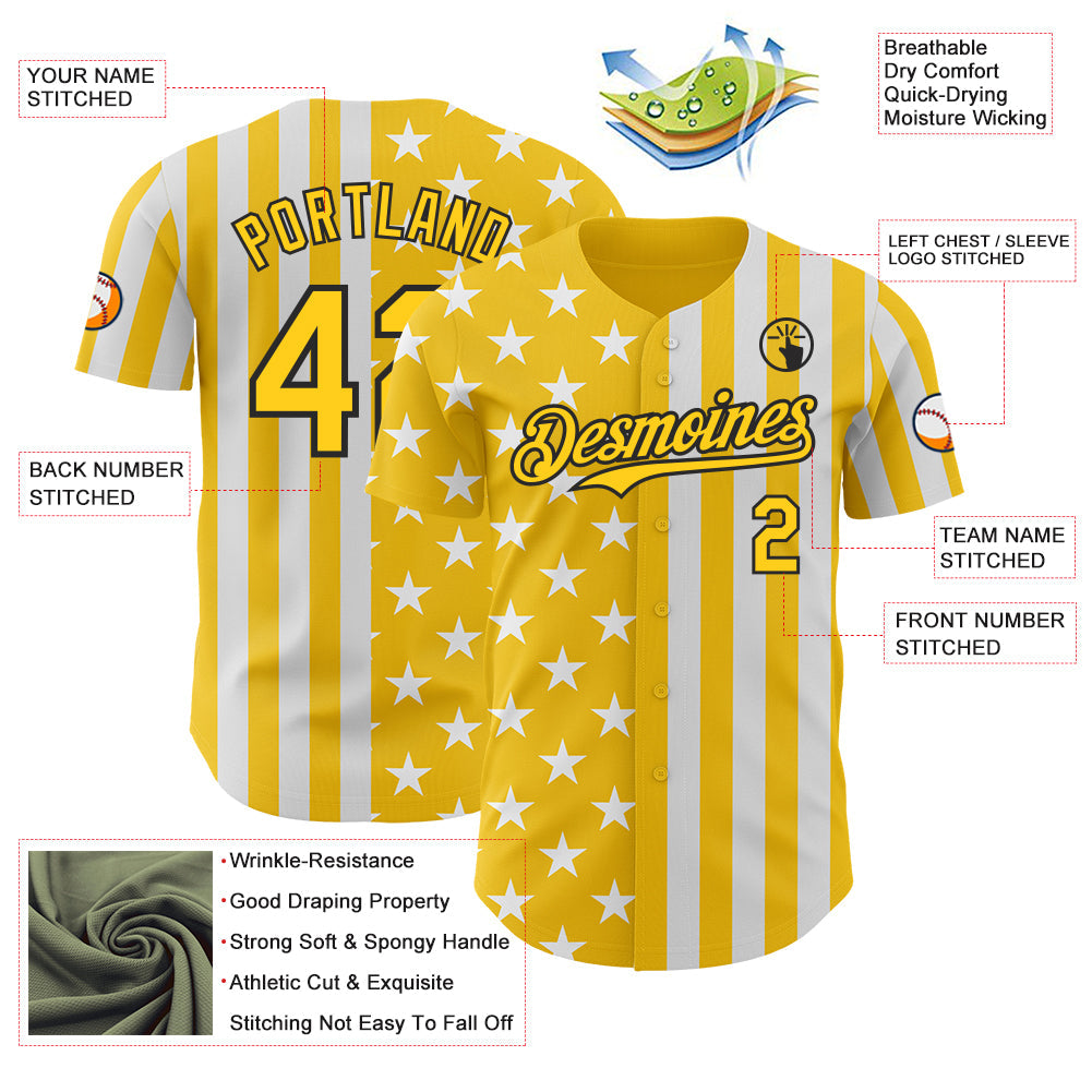 Custom Yellow White-Black USA Flag Patriotic Split Stars and Stripes Authentic Baseball Jersey view 3