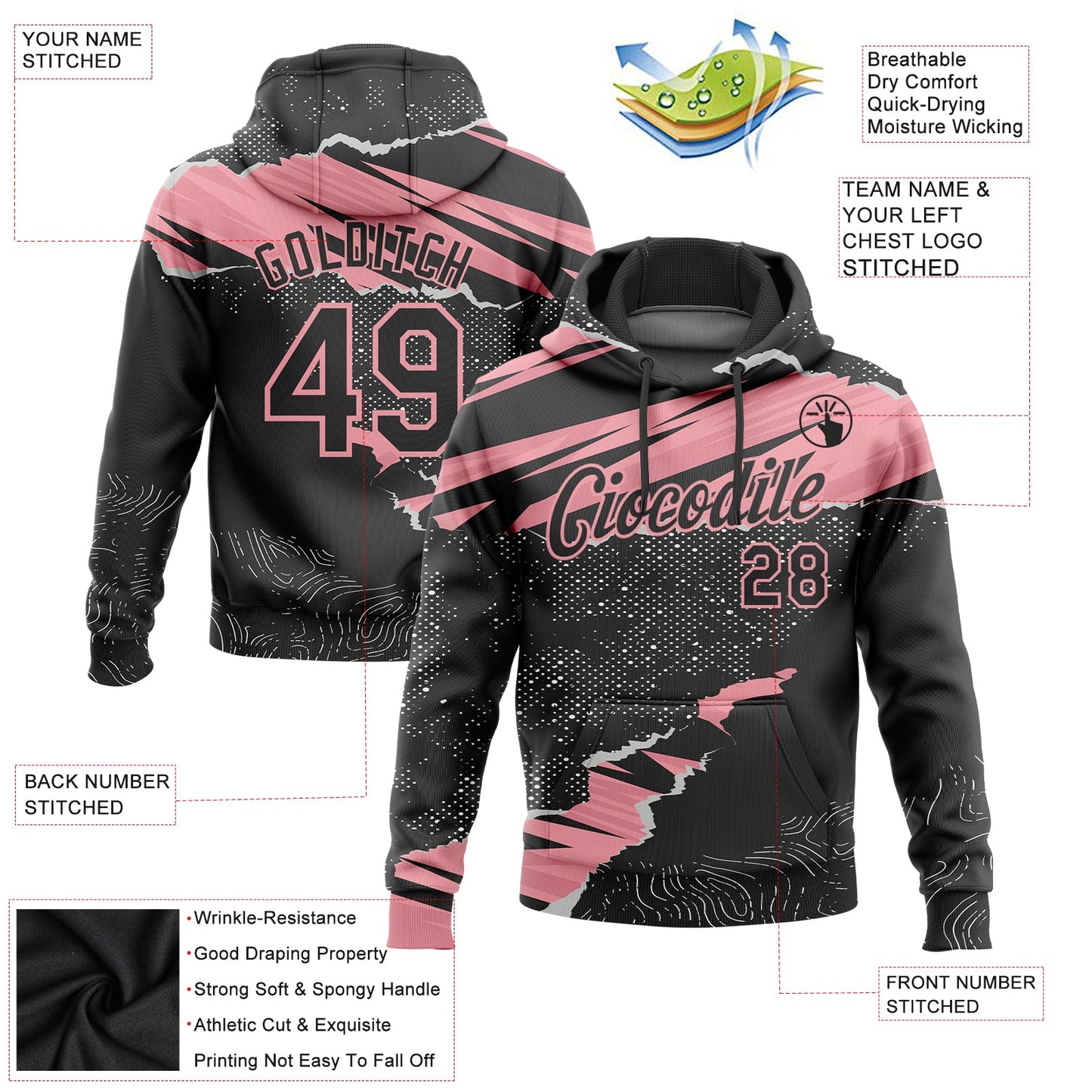 Custom Stitched Black Medium Pink 3D Pattern Design Torn Paper Style Sports Pullover Sweatshirt Hoodie view 2