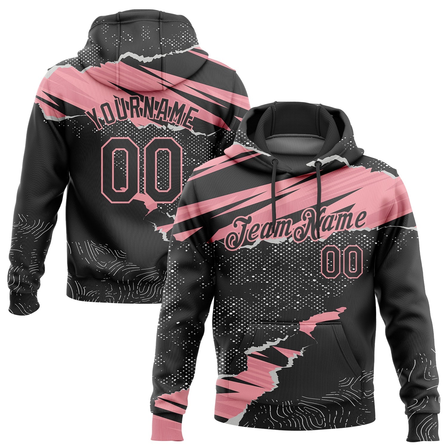 Custom Stitched Black Medium Pink 3D Pattern Design Torn Paper Style Sports Pullover Sweatshirt Hoodie - Main View