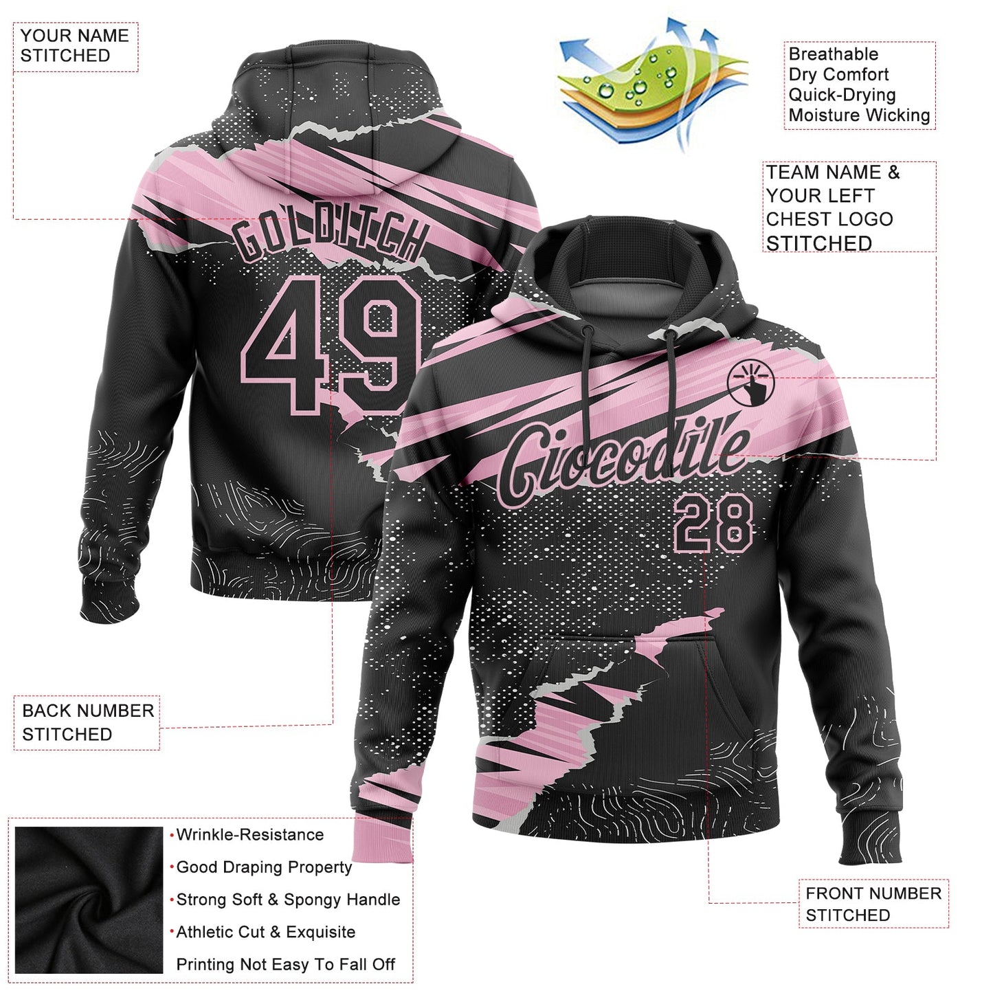 Custom Stitched Black Light Pink 3D Pattern Design Torn Paper Style Sports Pullover Sweatshirt Hoodie view 2